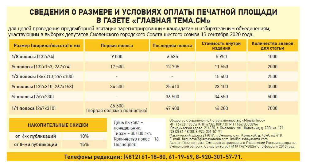 Прайс на размещение агитационных материалов по выборам в Смоленский городской Совет VI Созыва